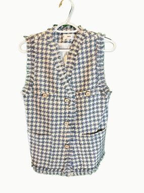 Mango Blue Tweed Vest Houndstooth Fringe XS